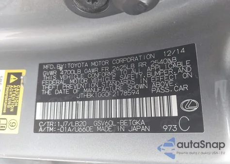 2015 Lexus Es 350 from USA, damaged, VIN JTHBK1GG0F2178594